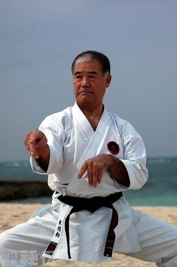 Sensei Morio Higaonna, wykonujący morote ko uke z kata Sanseru. Ma na sobie białe karate-gi oraz czarny pas w karate goju-ryu.